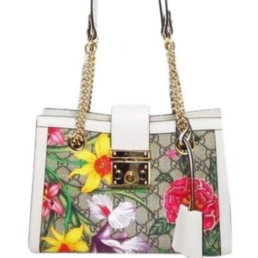 ✨NEW!✨GUCCI✨GG GUCCISSIMA SUPREME FLORA CANVAS & LEATHER PADLOCK CHAIN BAG - Picture 15 of 16